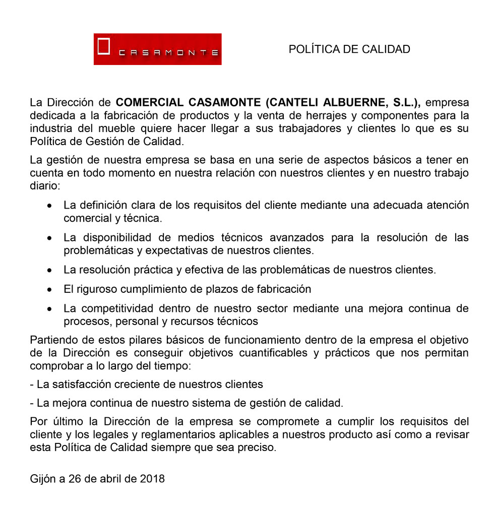 ISO Politica Calidad comercial casamonte